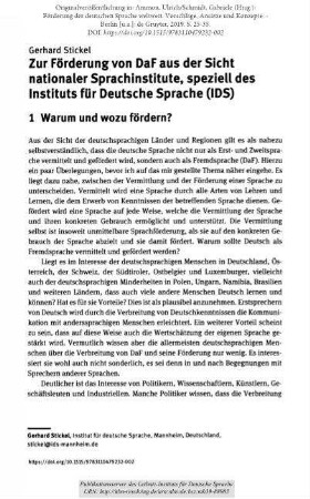 Zur Förderung von DaF aus der Sicht nationaler Sprachinstitute, speziell des Instituts für Deutsche Sprache (IDS)