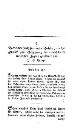 Väterlicher Rath für meine Tochter : ein Gegenstück zum Theophron ; (die Fortsetzung folgt)