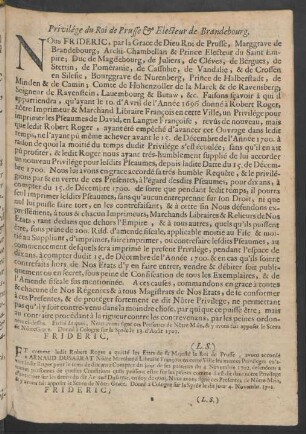 Privilége du Roi de Prusse & Electeur de Brandebourg