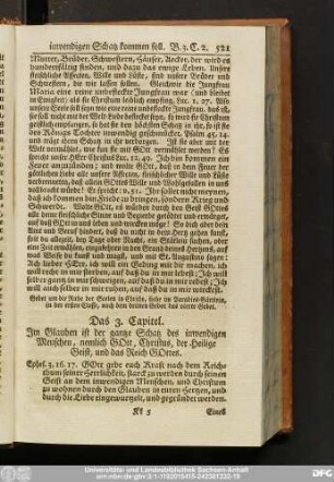 Das 3. Capitel. Im Glauben ist der gantze Schatz des inwendigen Menschen, nemlich Gott, Christus, der Heilige Geist, und das Reich Gottes.