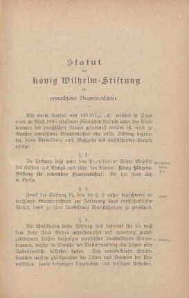 Statut der König Wilhelm-Stiftung für erwachsene Beamtentöchter