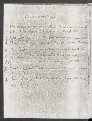 Kopie des handschriftlichen Inhaltsverzeichnis des Sammelbandes