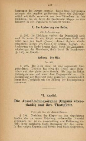 VI. Kapitel. Die Ausscheidungsorgane (Organa excretionis) und ihre Thätigkeit