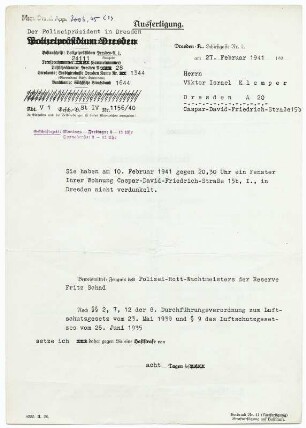 Verurteilung Klemperers wegen Nicht-Verdunklung eines Fensters am 10.02.1941 zu acht Tagen Haft : Verurteilung Klemperers wegen Nicht-Verdunklung eines Fensters am 10.02.1941 zu acht Tagen Haft. 27.02.1941. Vorderseite. Dresden: SLUB Mscr.Dresd.App.2003,45(1)