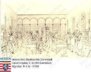Gießen, Chemisches Laboratorium von Prof. Justus Liebig (1803-1873) im Wachhaus der ehemaligen Kaserne / Innenansicht mit Studenten
