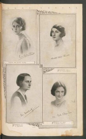 Mundo social : [Retratos fotográficos de] Señorita Ema Montes Melián, Señorita Mercedes Cabral Hunter, Señorita Cora Maschwitz [y] Señorita M. Ruth Villegas Pieres - [Fotos de Kasay]
