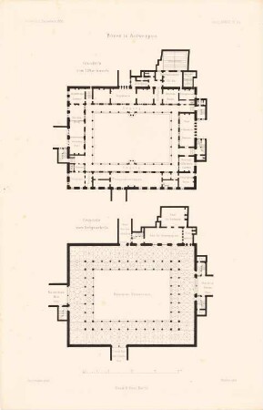 Börse, Antwerpen: Grundriss, Innenansicht (aus: Atlas zur Zeitschrift für Bauwesen, hrsg. v. G. Erbkam, Jg. 38, 1888)