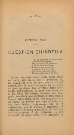 Artículo XXII. Cuestion chinófila