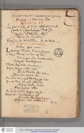 Eigenhändiges lateinisches Widmungsgedicht Bachmanns anläßlich der Überreichung der Handschrift an Georg II.