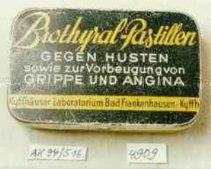 Blechdose für "Brothyral-Pastillen GEGEN HUSTEN sowie zur Vorbeugung von GRIPPE UND ANGINA"