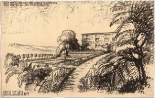 Garten Petschek, Prag: Perspektivische Ansicht Herrenhaus vom langen Blumenweg über den Rosen- und Staudengarten