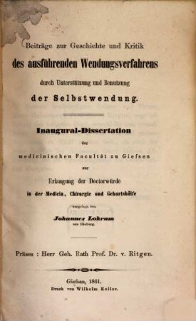 Beiträge zur Geschichte und Kritik des ausführenden Wendungsverfahrens durch Unterstützung und Benutzung der Selbstwendung : Inaug. Diss.