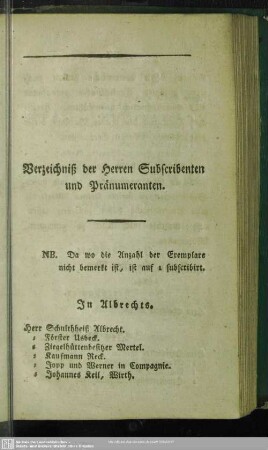 Verzeicnniß der Herren Subscribenten und Pränumeranten