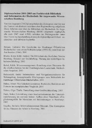 Diplomarbeiten 2001-2003 am Fachbereich Bibliothek und Information der Hochschule für Angewandte Wissenschaften Hamburg