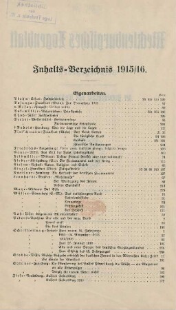 Inhalts-Verzeichnis 1915/16.