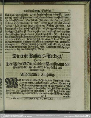 Die erste Passions-Predigt, Darinn Der Sohn Gottes als ein Kauffmann des Menschlichen Geschlechtes vorgestellet und betrachtet wird