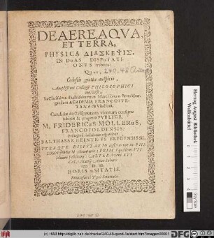 De Aere, Aqua, Et Terra : Physica Diaskepsis ; In Duas Disputationes tributa