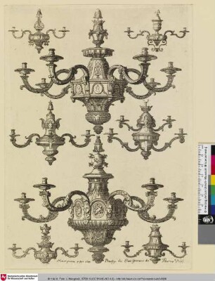 [Nouveaux Livre d'Orfevrerie Inventé Par Marot Architecte du Roy fait avec Previllege des États Generax des Provinces Unie; Entwürfe von Kerzenleuchtern]