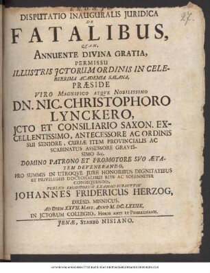 Disputatio Inauguralis Iuridica De Fatalibus