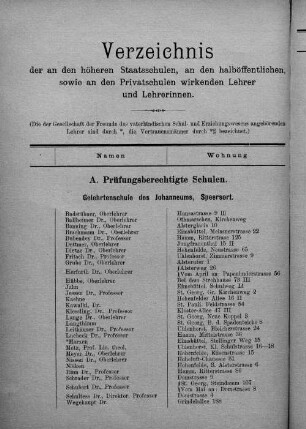 Verzeichnis der an den höheren Staatsschulen, an den halböffentlichen, sowie an den Privatschulen wirkende Lehrer/-innen
