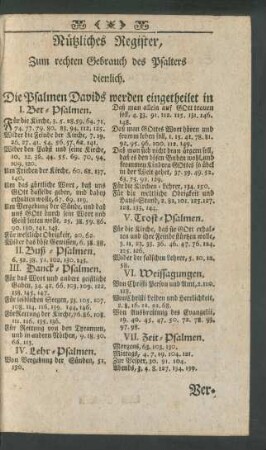 Nützliches Register, Zum rechten Gebrauch des Psalters dienlich