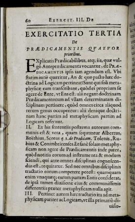 Exercitatio Tertia. De Prædicamentis Quatuor prioribus.