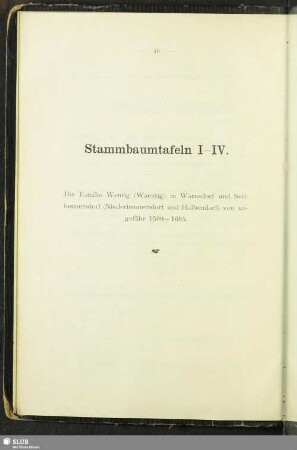 Stammbaumtafel I-IV. Die Familie Wentig (Waentig) in Warnsdorf und Seifhennersdorf (Niederhennersdorf und Halbendorf) von ungefähr 1500-1685