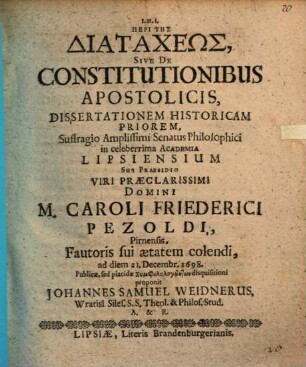 Peri tēs diataxeōs, sive de constitutionibus apostolicis, Diss. prior