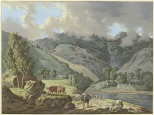 Berglandschaft mit einem Wasserfall und Flüßchen im Vordergrund