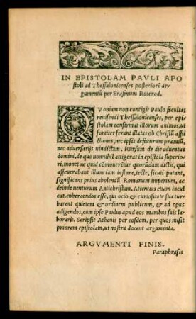 In Epistolam Pauli Apostoli ad Thessalonicenses posteriorem argumentum per Erasmum Roterod.