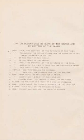 Tattoo designs used by Ibans of the Rejang and by Kenyahs of the Baram