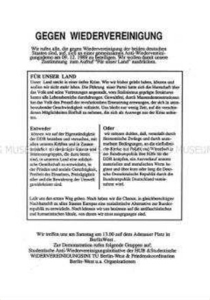 Gegen Wiedervereinigung - Flugblatt der Anti-Wiedervereinigungsinitiative der HUB