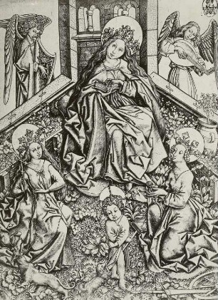 Maria mit dem spielenden Jesuskind im Garten, umgeben von St. Margarete mit dem Drachen und St. Katharina, dazu 2 musizierende Engel