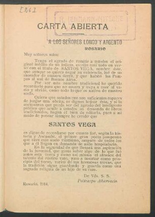 Carta abierta - a los señores Longo y Argento