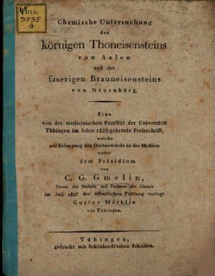 Chemische Untersuchung des körnigen Thoneisensteins von Aalen und des faserigen Brauneisensteins von Neuenbürg : eine ... gekrönte Preisschrift