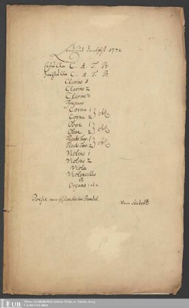Ms. Ff. Mus. 482 - Ernd- und Danckfest 1772 : erster Chor C. A. T. B., zweyter Chor C. A. T. B., clarino 1, clarino 2, clarino 3, tympano, cornu 1, cornu 2 obl., oboe 1, oboe 2 obl., flauto trav: 1, flauto trav: 2 obl., violino 1, violino 2, viola, violoncello et organo 1 et 2.