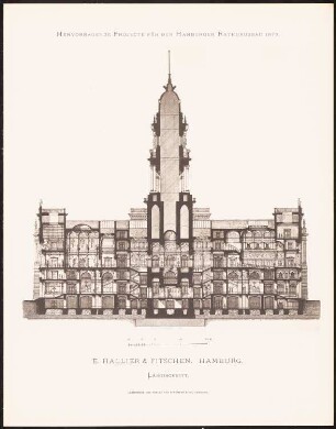 Hervorragende Projekte für den Hamburger Rathausbau 1876: Längsschnitt
