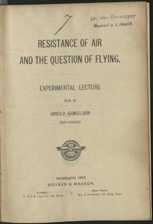 Resistance of air and the question of flying : experimental lecture
