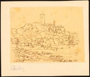 Burgruine Schönburg bei Naumburg: Durchzeichnung: Perspektivische Ansicht der Burgruine vom Fluss aus, nach Illustrirte Zeitung 1871, S. 257