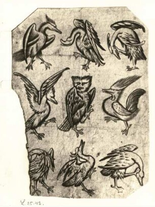 Spielkarte Vogel Neun (Kartenblatt) : Spielkarte Vogel Neun (Kartenblatt). Kupferstich (vor 1503; I. van Meckenem der Jüngere)
