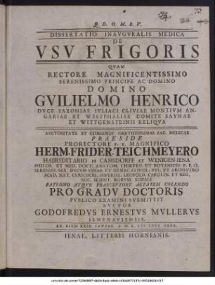 Dissertatio Inauguralis Medica De Usu Frigoris