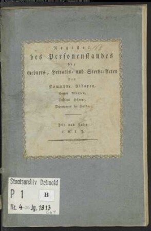 Zivilstandsregister der katholischen Gemeinde Albaxen, Kreis Höxter (GHT 1813) (Gemeinde: Katholische Gemeinde Albaxen, Kreis Höxter)