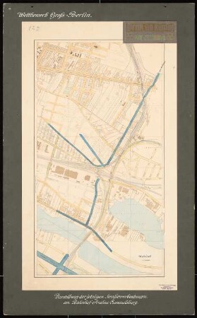 Wettbewerb Groß-Berlin 1910 Straßenverbindung am Bahnhof Stralau-Rummelsburg: Lageplan mit den jetzigen Straßenverbindungen am Bahnhof Stralau-Rummelsburg 1:4000
