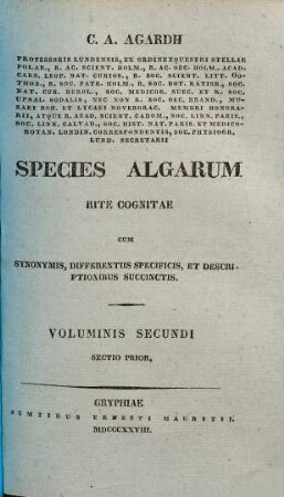 Species algarvm rite cognitae : cvm synonymis, differentis specificis et descriptionibvs svccinctis, 2,1