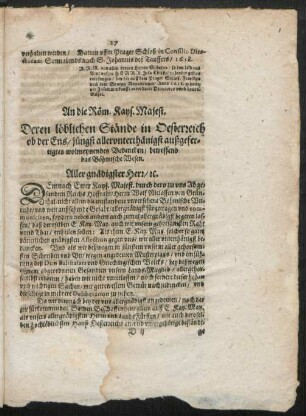 An die Röm. Kays. Majest. Deren löblichen Stände in Oesterreich ob der Ens/ jüngst allerunterthänigst außgefertigtes wolmeynendes Bedencken/ betreffend das Böhmische Wesen.