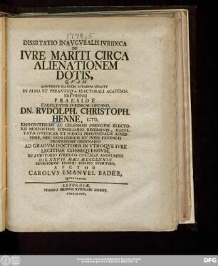 Dissrtatio Inavgvralis Ivridica De Ivre Mariti Circa Alienationem Dotis