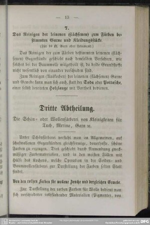 Dritte Abtheilung. Die Schön- oder Wollenfärberei von Kleinigkeiten für Tuch, Merino, Garn rc.