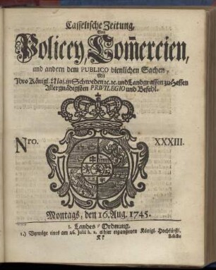 Nro. XXXIII, Montags, den 16. Aug. 1745