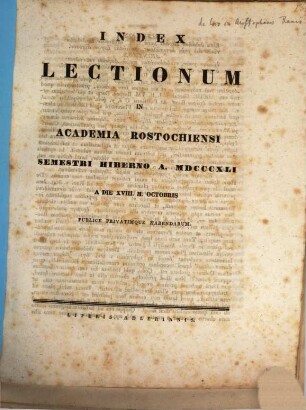 Index lectionum in Academia Rostochiensi ... publice privatimque habendarum, WS 1841/42