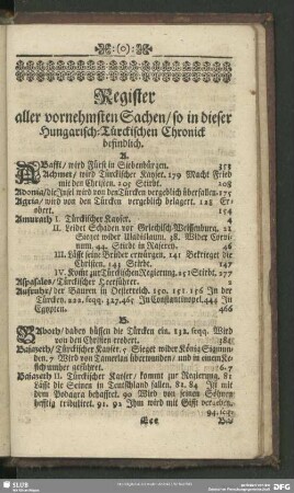 Register aller vornehmsten Sachen, so in dieser Hungarisch-Türckischen Chronick befindlich